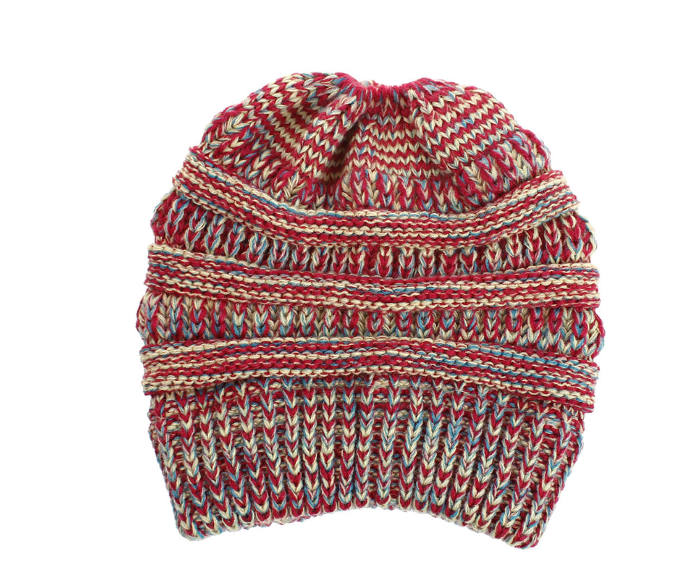 Women's Mixed-Colour Knitted Ponytail Beanie, Acrylic Wool