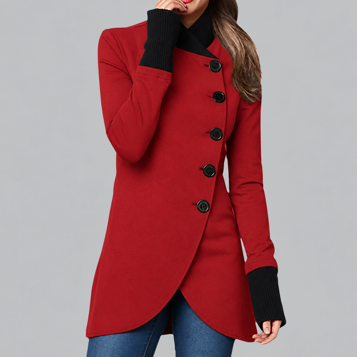 Women's Fitted Coat with High Collar and Asymmetric Hem