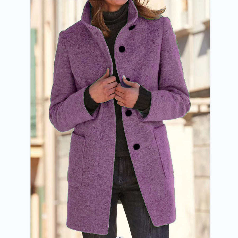 Woman wearing stand collar wool-look coat