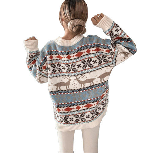 Women's Christmas Jacquard Jumper, Round Neck And Loose Fit