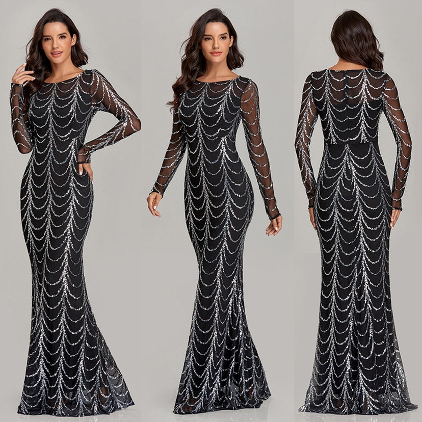 Sequin Long-Sleeve Maxi Dress For Women, Party And Christmas