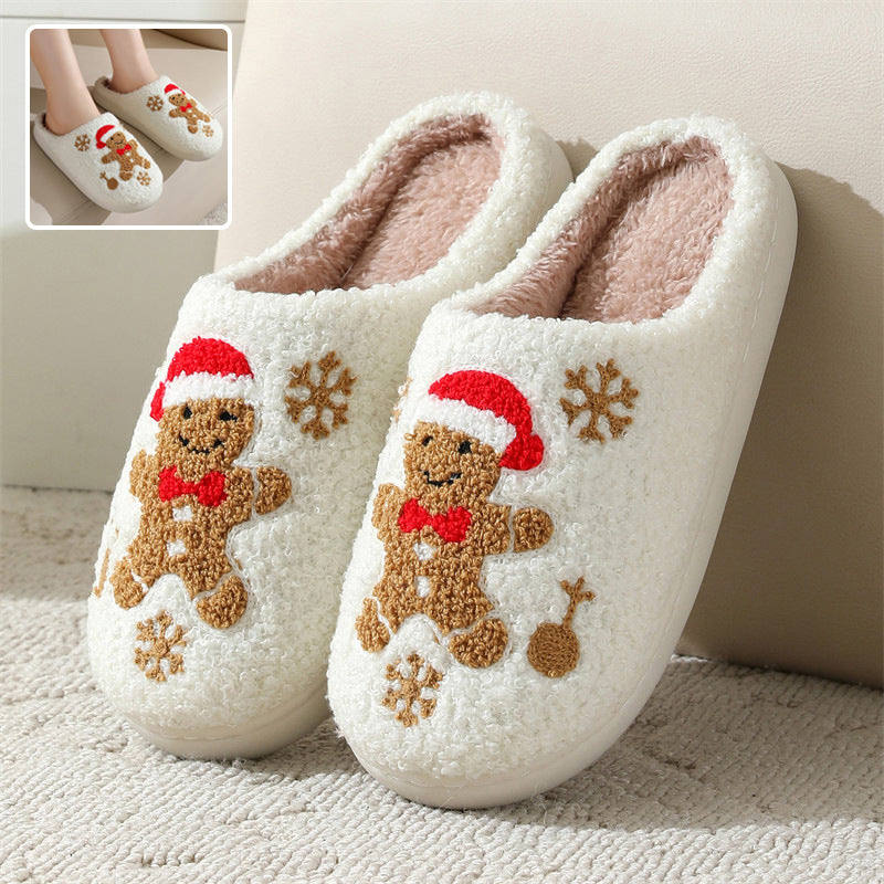 Christmas Gingerbread Man Fuzzy Slippers With Snowflake Design