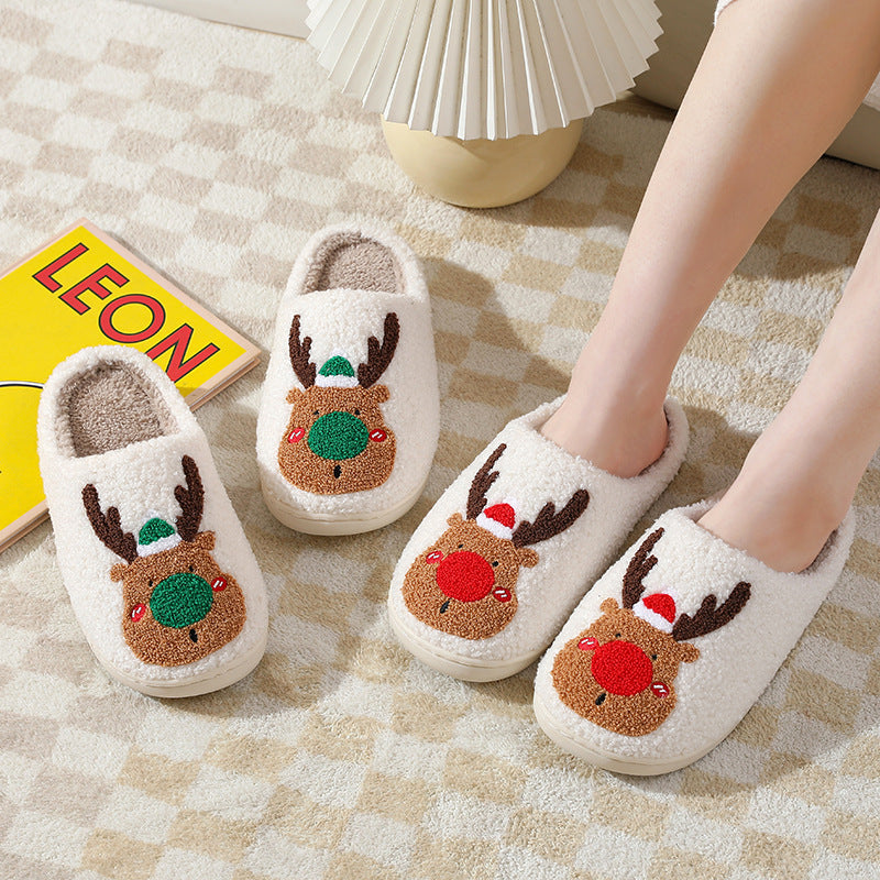 Christmas Elk Plush Slip-On Slippers, Cosy Bedroom Shoes