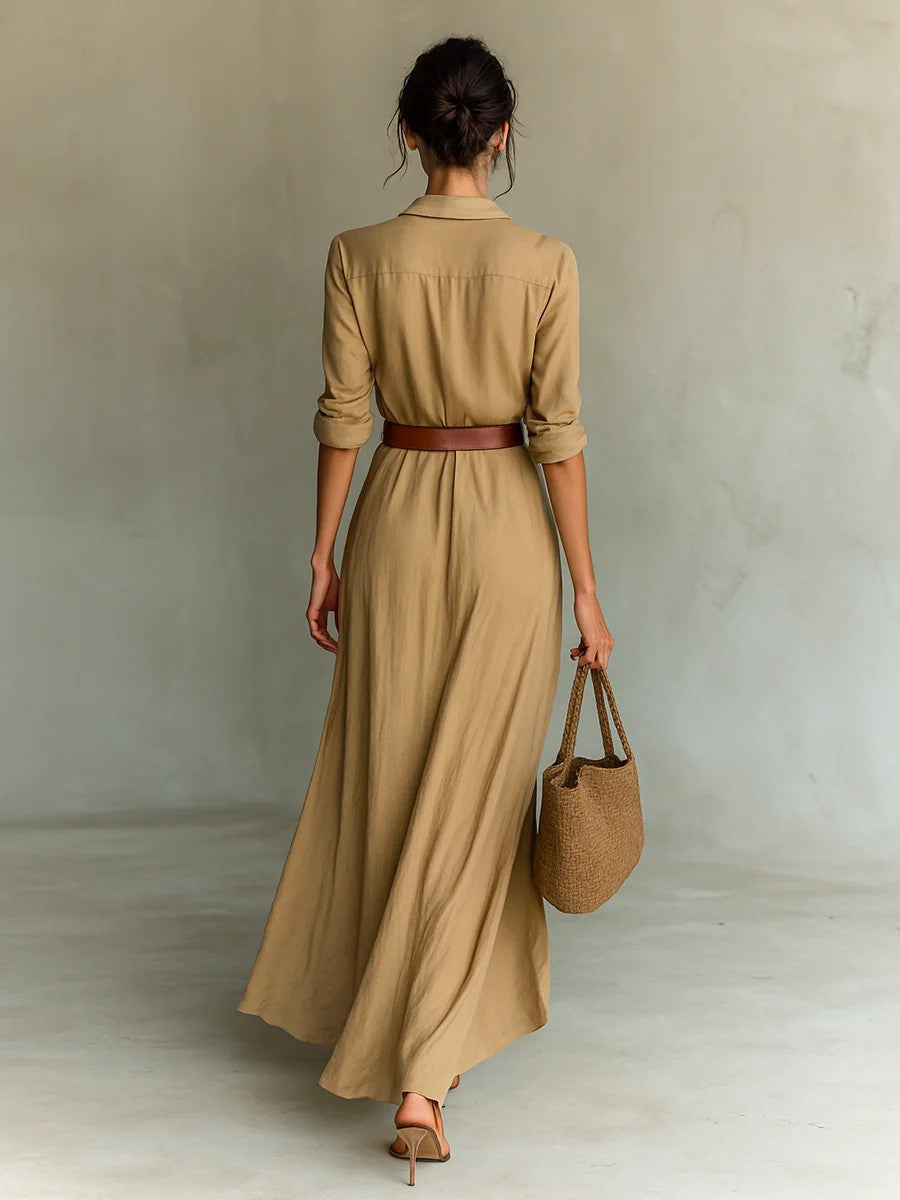 Belted shirt dress with long sleeves and asymmetric midi hem