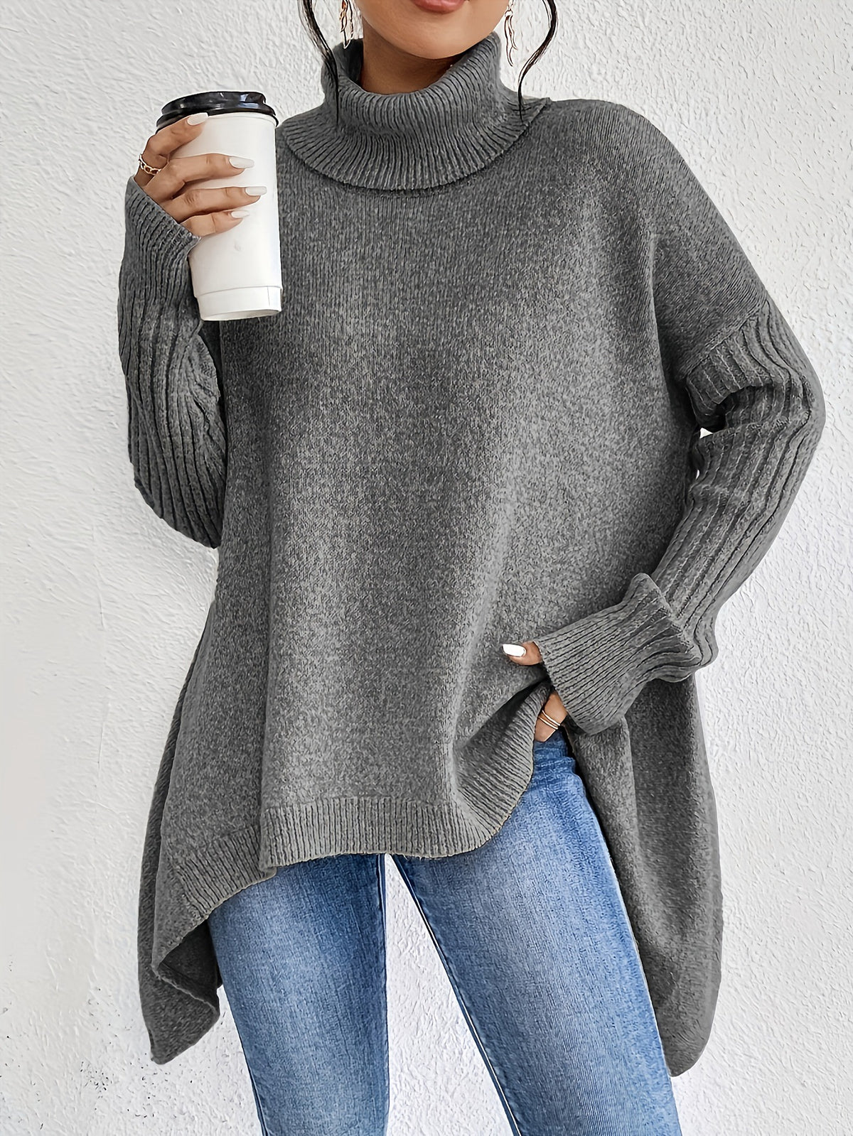 Irregular Hem Turtleneck Jumper For Women, Loose Knitted