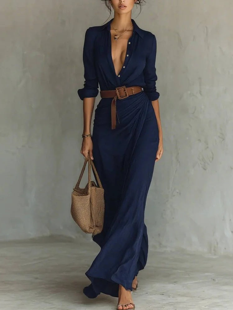 Belted shirt dress with long sleeves and asymmetric midi hem
