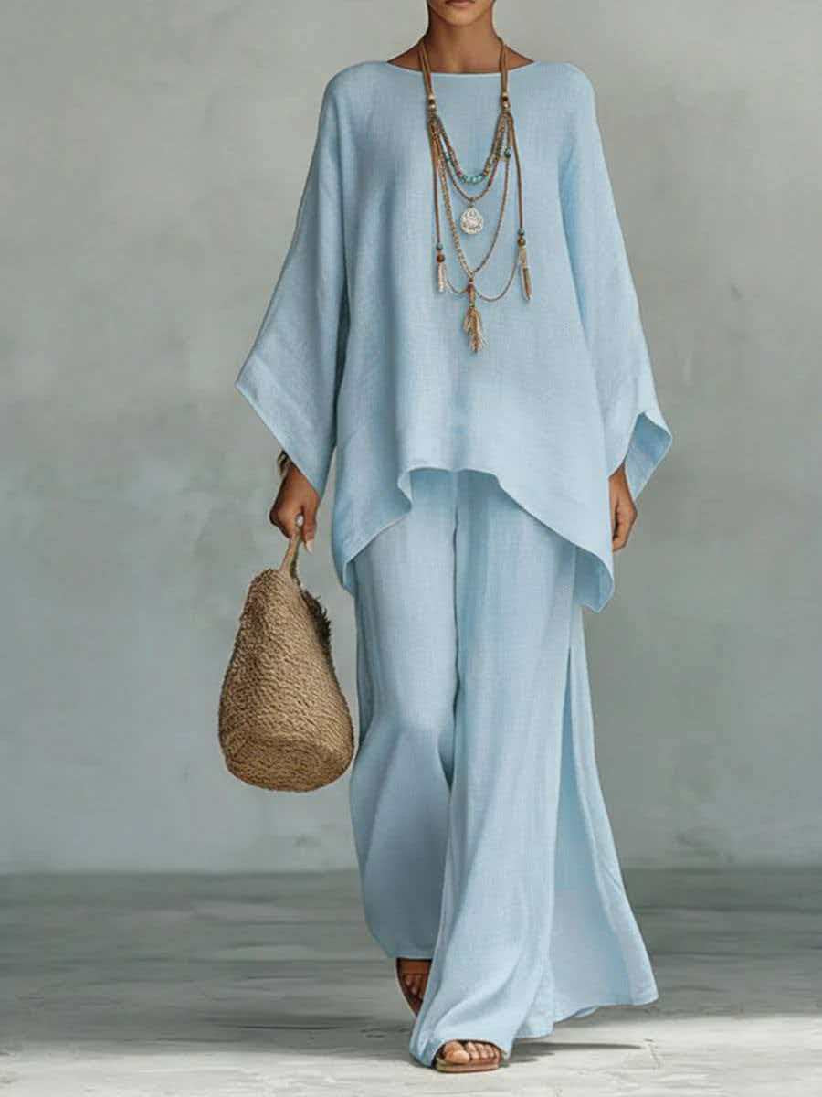 Relaxed two-piece set with long-sleeve top and wide-leg pants