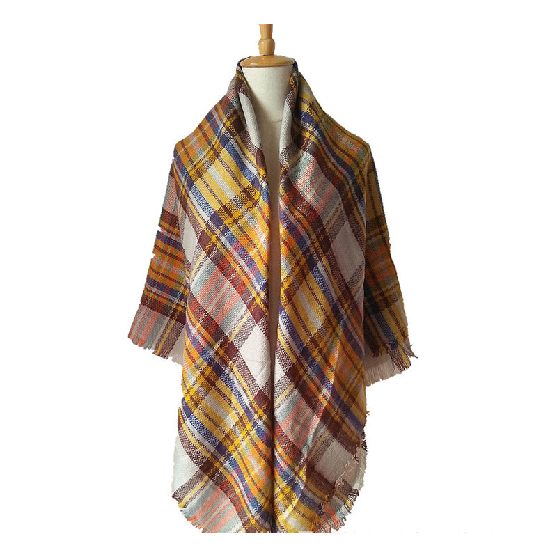 Yellow And Blue Tartan Blanket Scarf With Tassels, Oversized