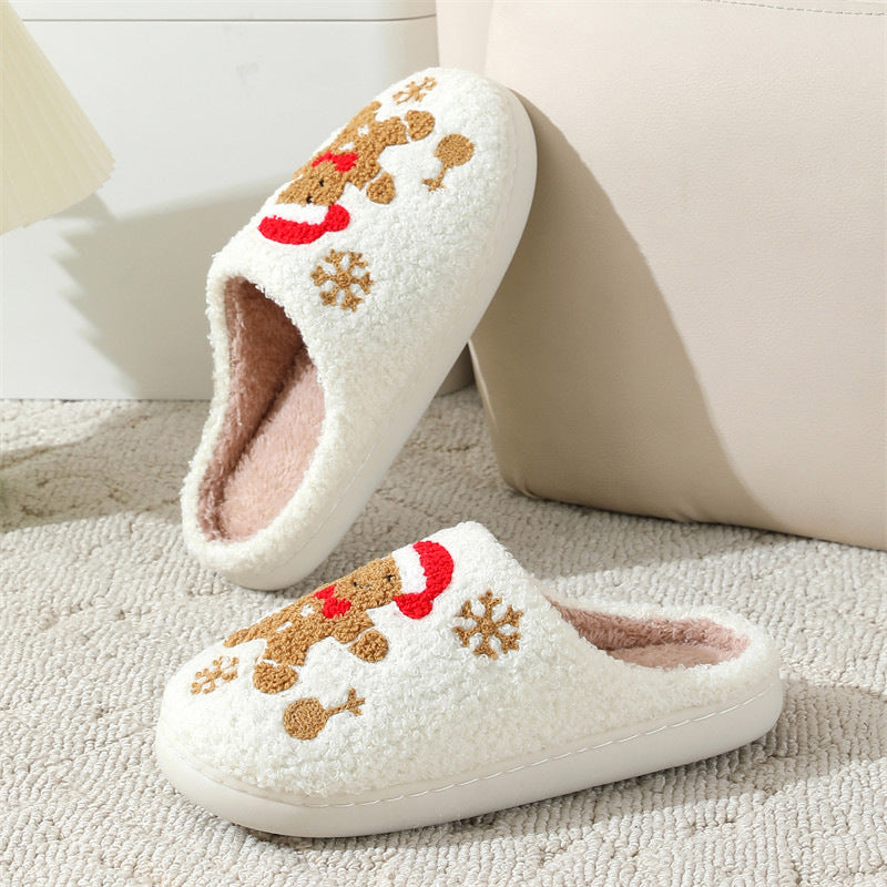 Christmas Gingerbread Man Fuzzy Slippers With Snowflake Design