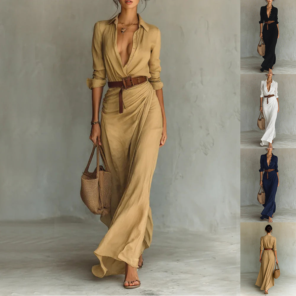 Belted shirt dress with long sleeves and asymmetric midi hem
