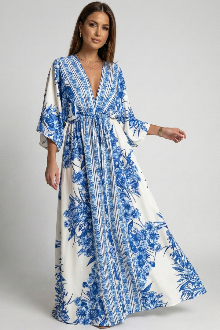 Women’s Maxi Dress with Bell Sleeves and V‑Neck