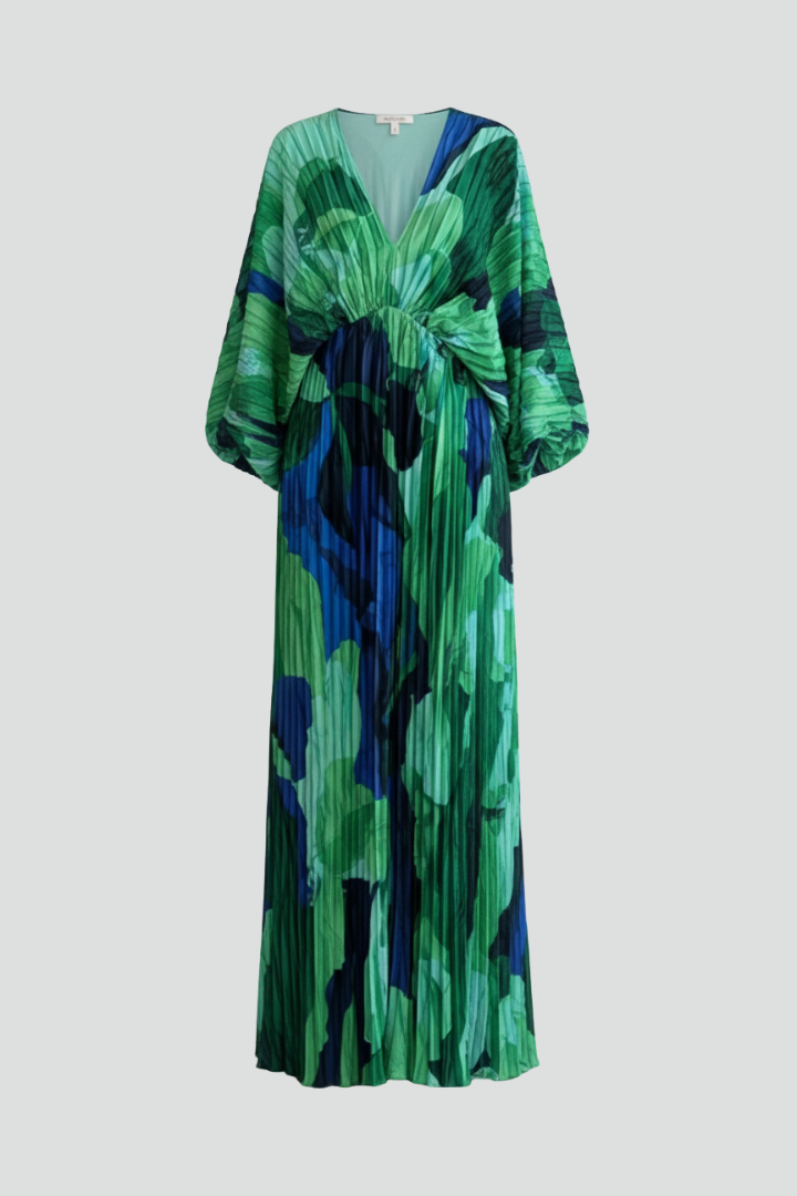 dress with loose neckline Women's long dress with V-neckline, pleated finish, loose sleeves, gathered  waist, side slit