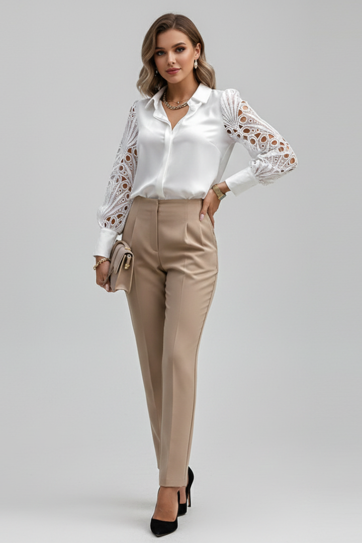 Women’s Blouse with Lace Sleeves and Button Cuffs