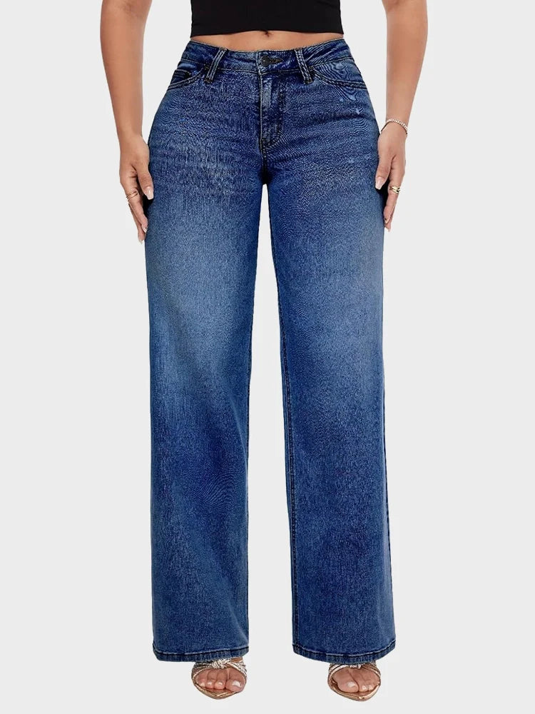 Women’s Wide-Leg Jeans with Mid Waist and Button Closure