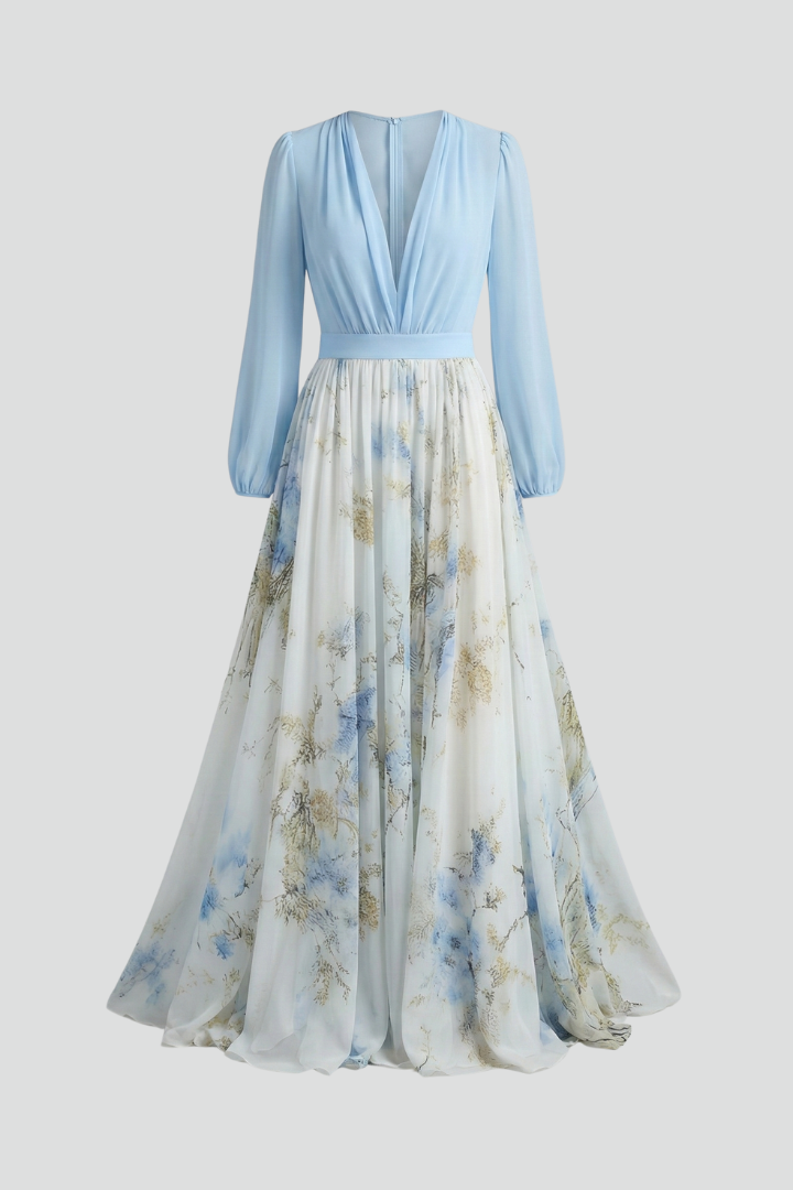 Women's maxi dress with V-neckline, sheer long sleeves, printed flowing skirt, gathered waist design Women's maxi dress with V-neckline, sheer long sleeves, printed flowing skirt, gathered waist design