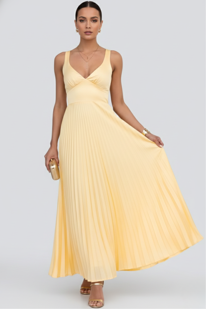 Women’s Maxi Dress with Pleated Skirt and V‑Neck