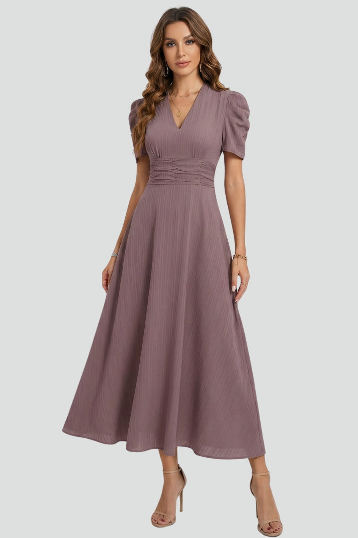 V-Neck Midi Dress With Short Sleeves