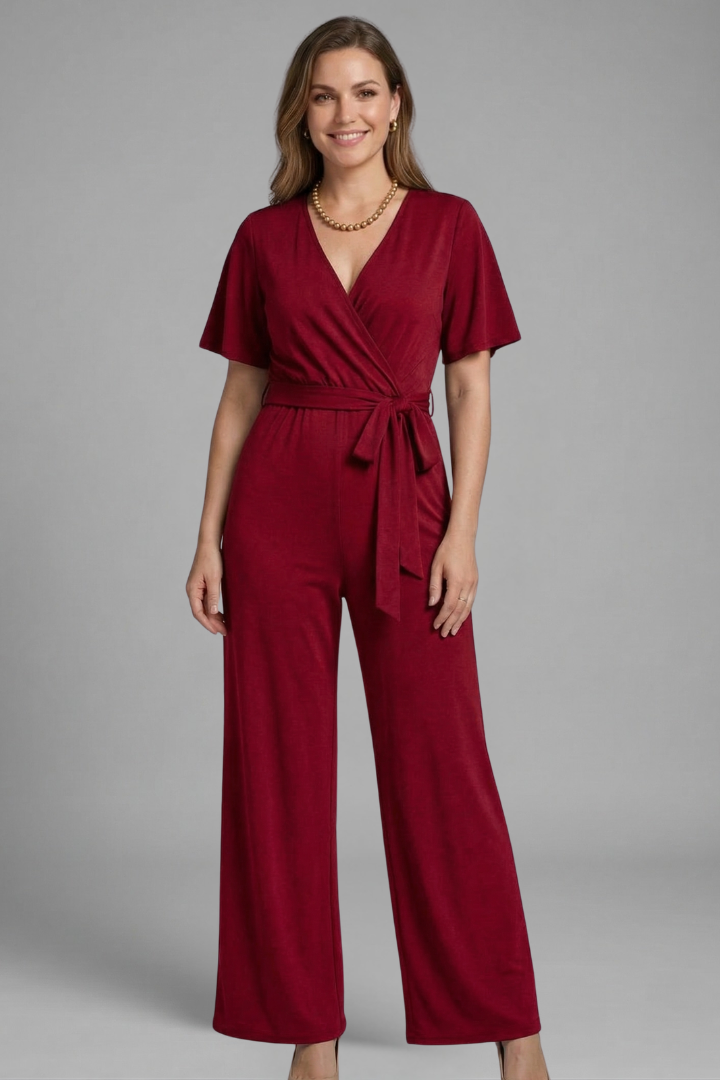 Women Jumpsuit with Wrap Front and Tie Waist