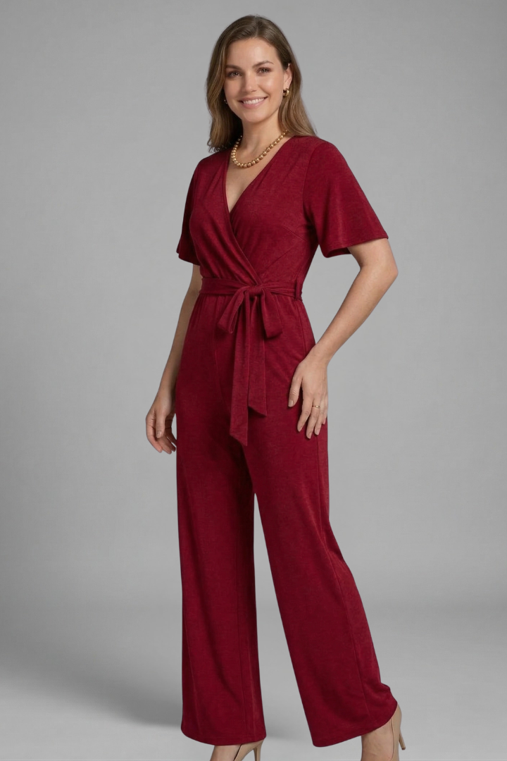 Women Jumpsuit with Wrap Front and Tie Waist