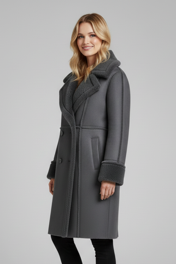 Women Long Coat with Lapel Collar and Buttons