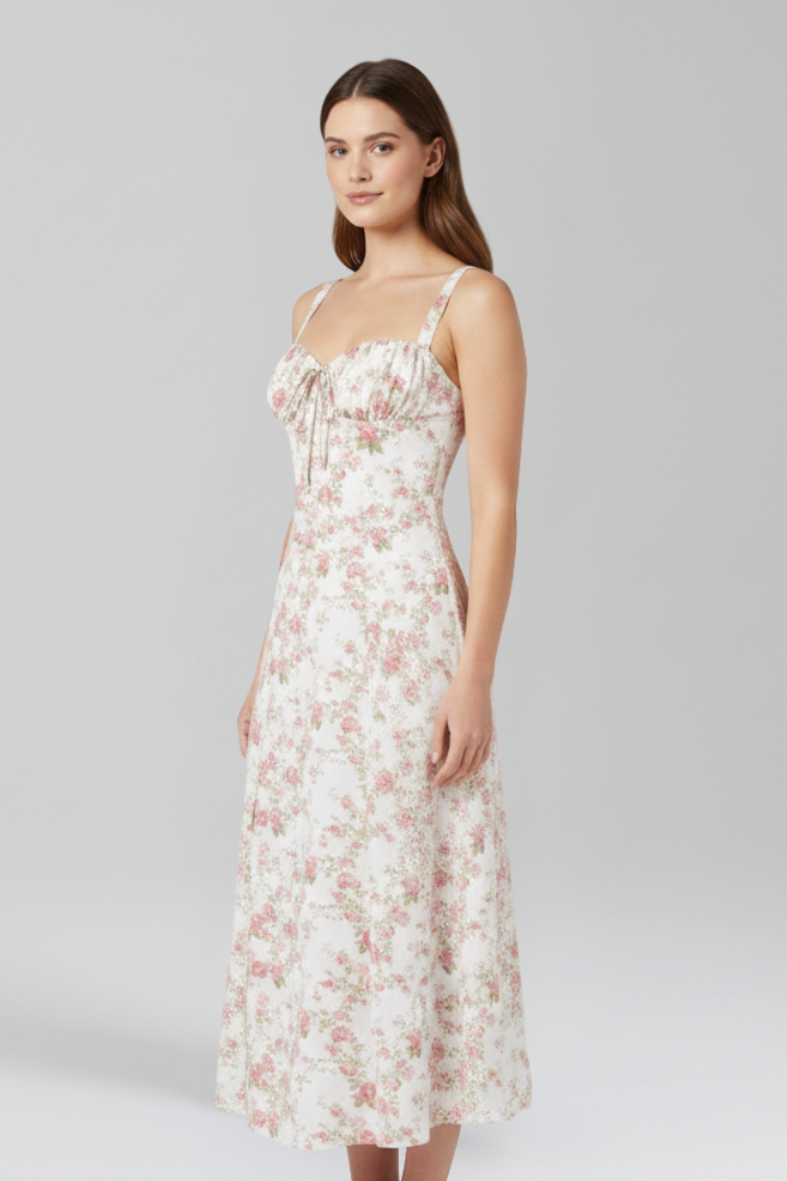 Women Midi Dress with Shoulder Straps and Patterned Skirt