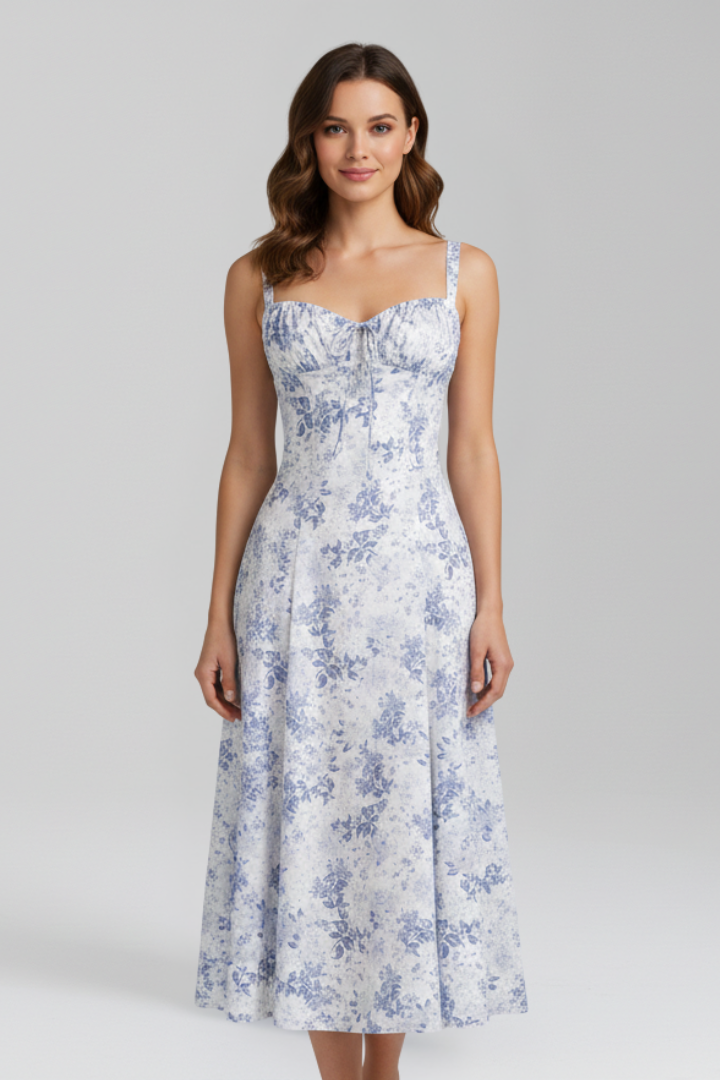 Women Midi Dress with Shoulder Straps and Patterned Skirt