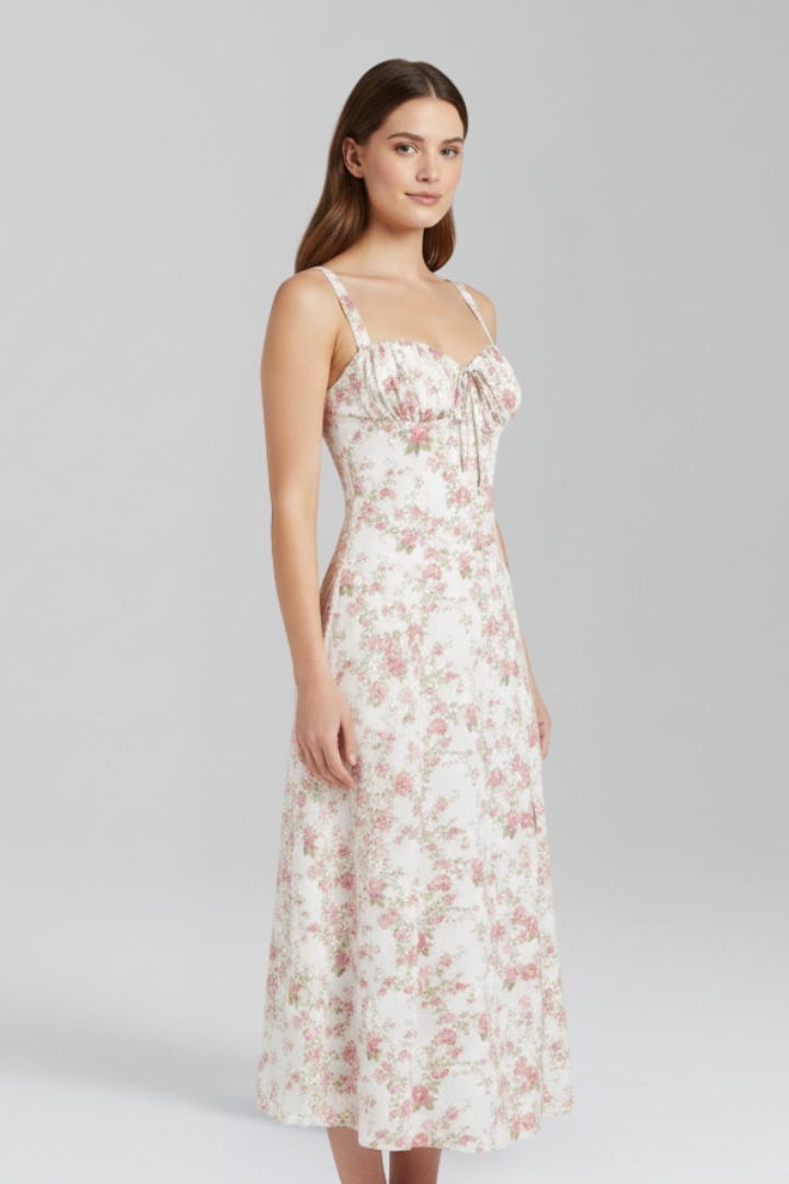 Women Midi Dress with Shoulder Straps and Patterned Skirt