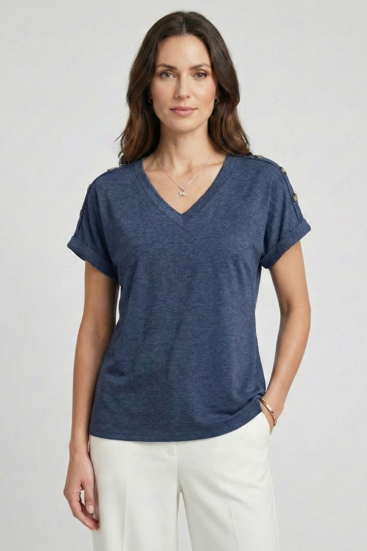 Women T-Shirt with V Neckline and Rolled Sleeves
