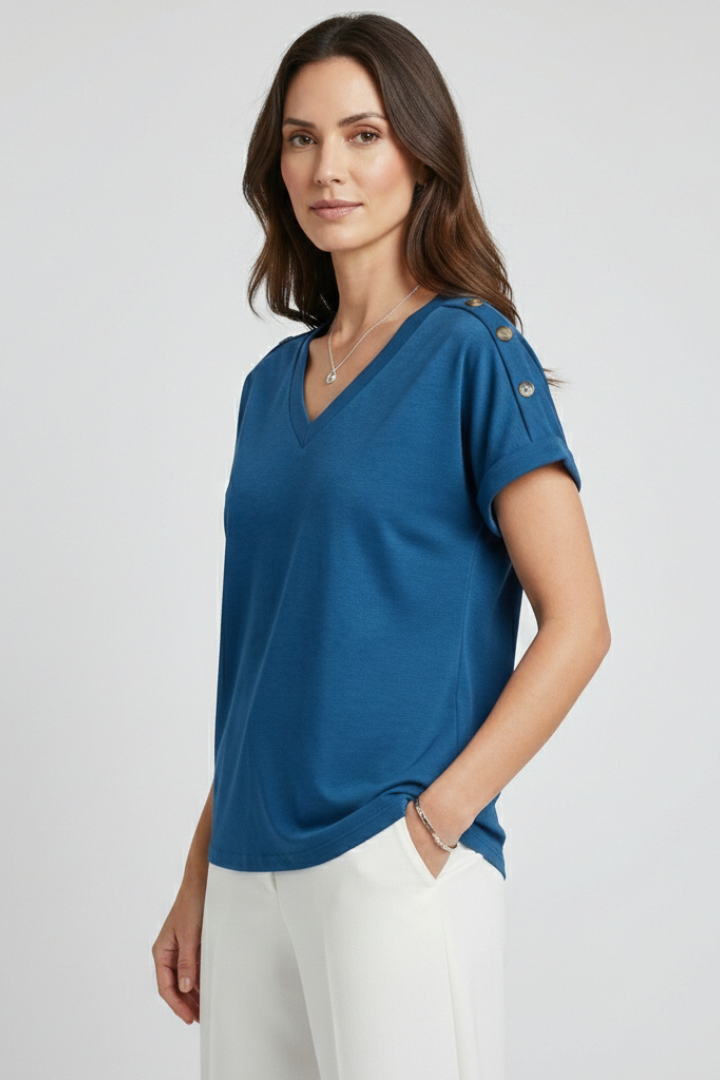Women T-Shirt with V Neckline and Rolled Sleeves