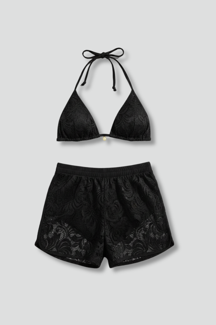 Women’s Bikini Set with Halter Top and Lace Shorts