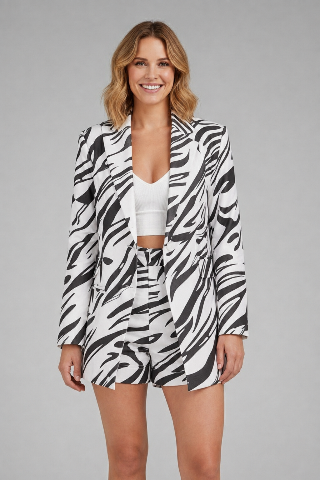 Women’s Blazer Set with Open Front and Printed Shorts