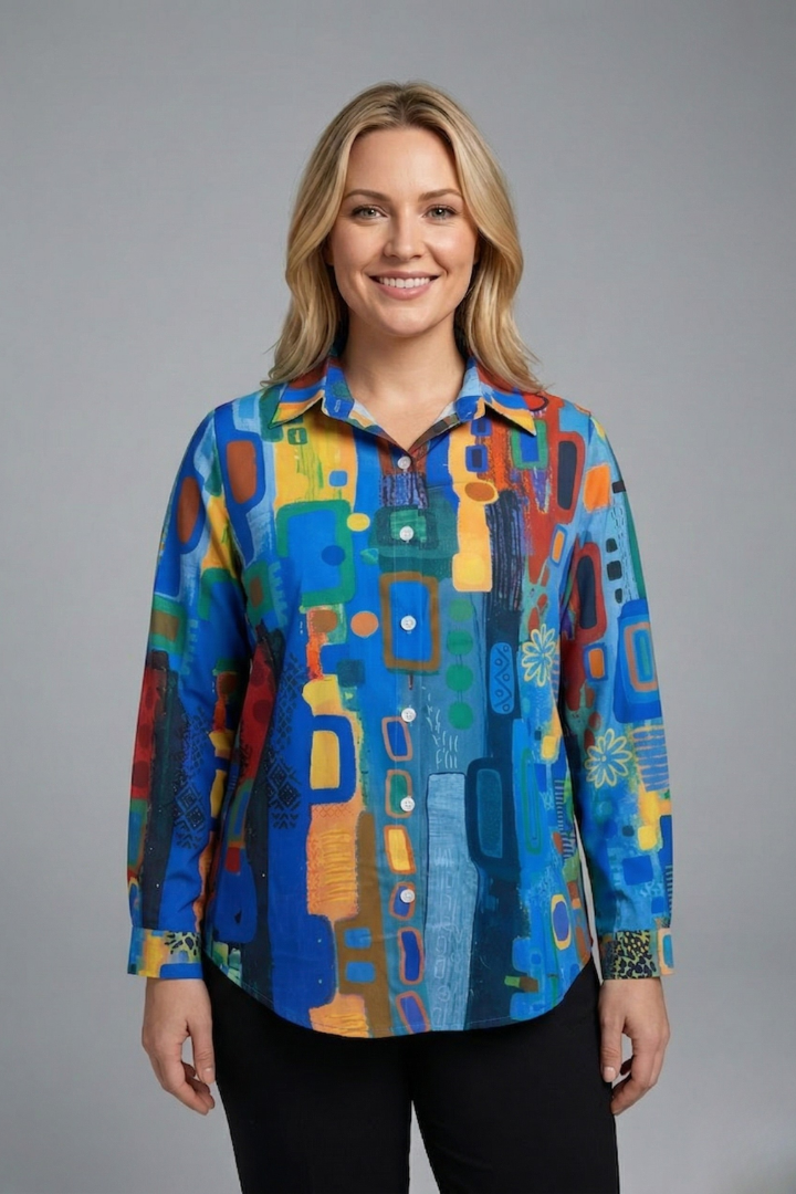 Women’s Blouse with Button Closure and Geometric Print