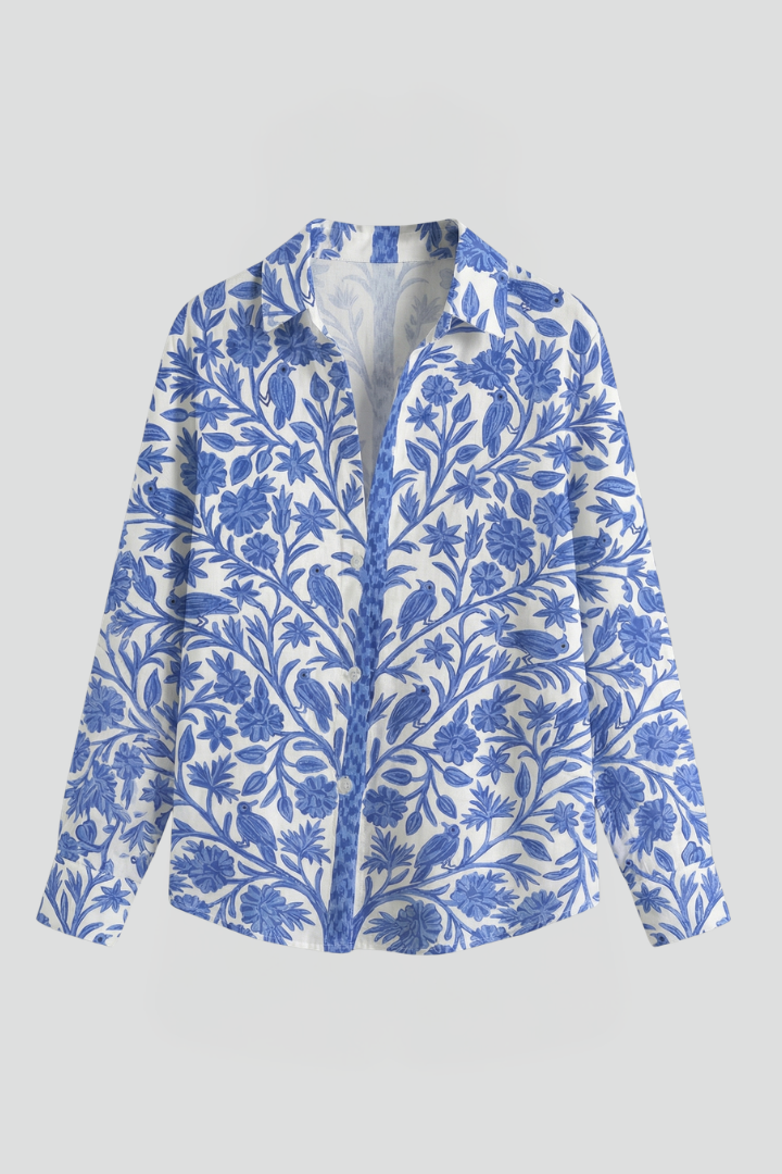 Women’s Blouse with Button Closure and Printed Surface