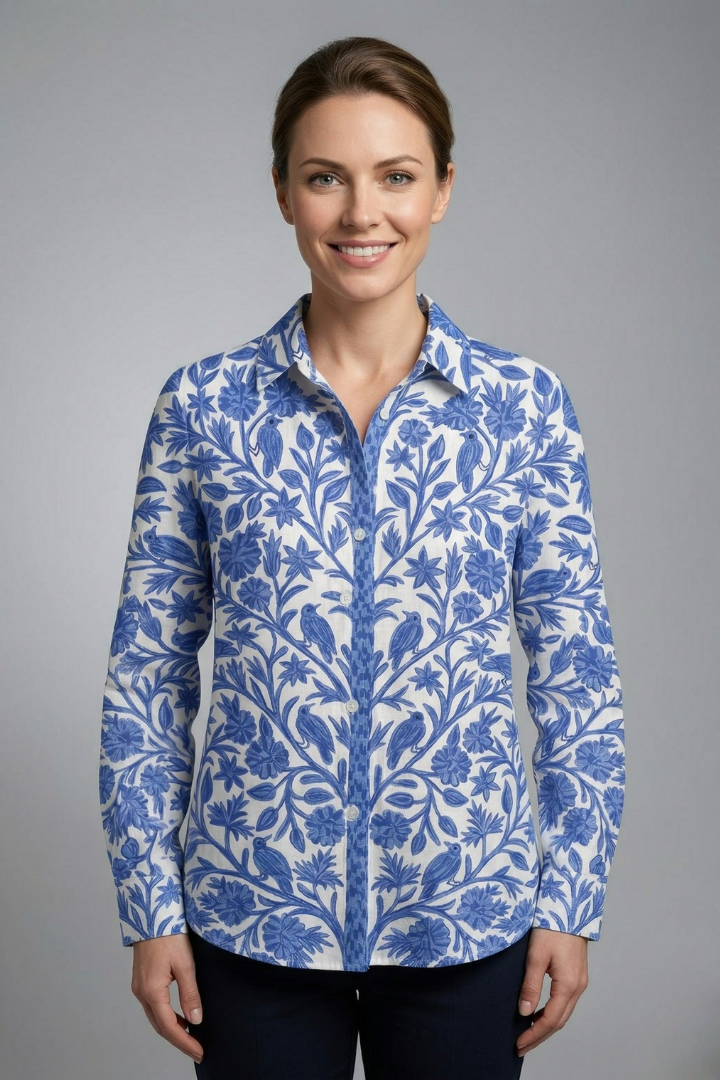 Women’s Blouse with Button Closure and Printed Surface