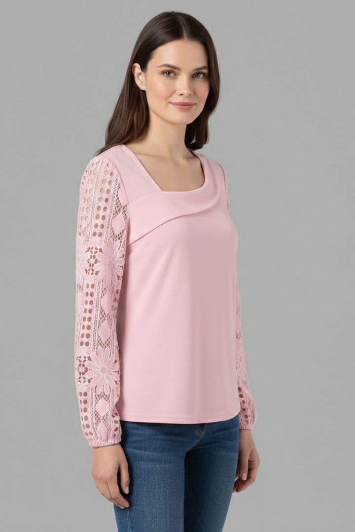 Women’s Blouse with Round Neck and Lace Sleeves
