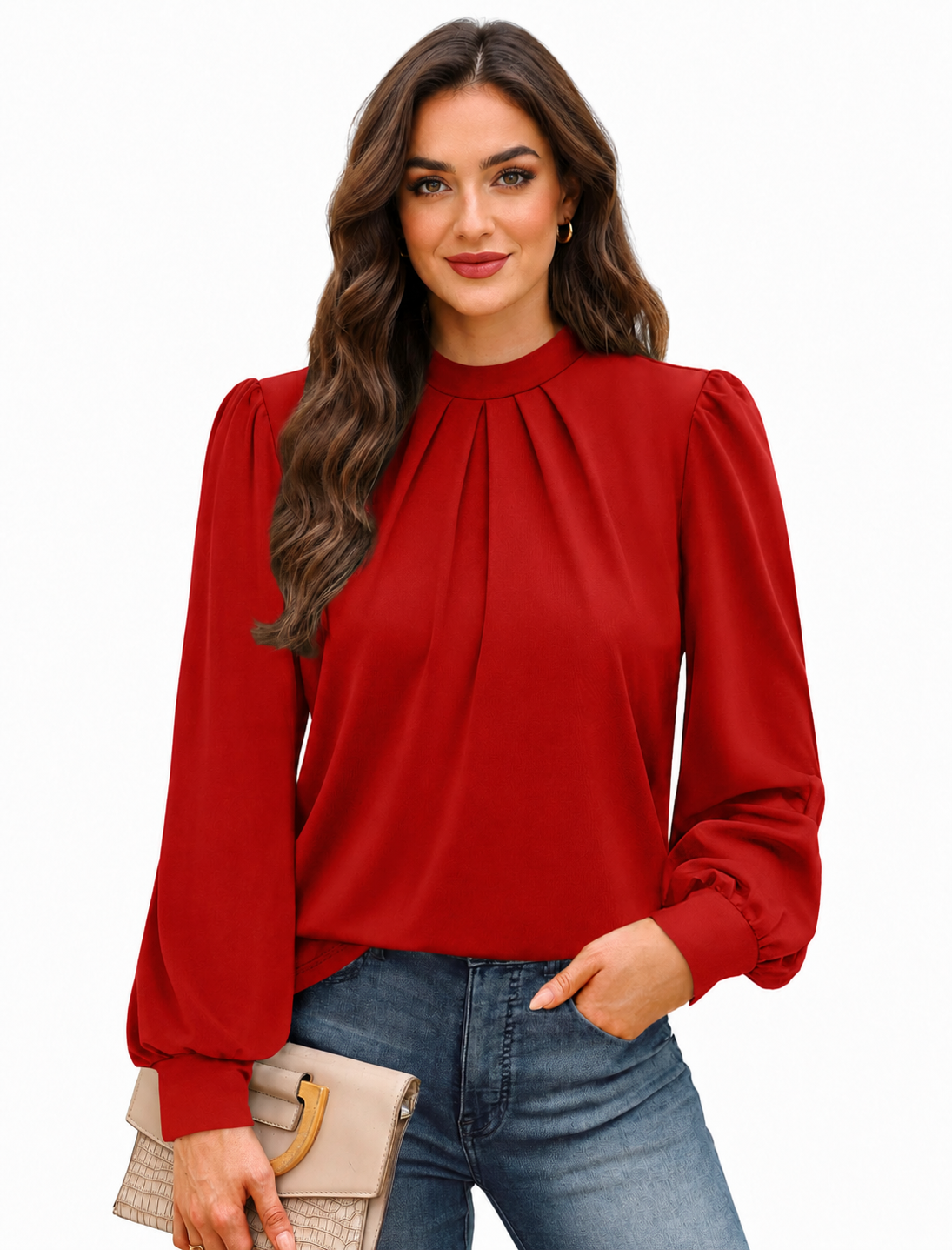 Women's Blouse with High Neck and Puff Sleeves