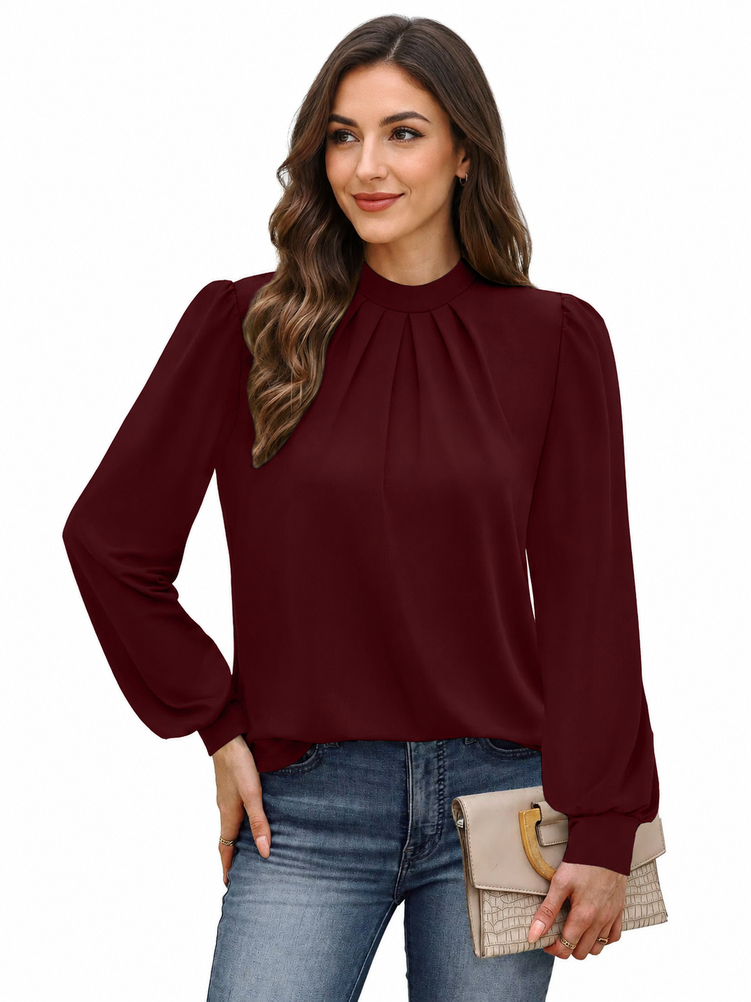 Women's Blouse with High Neck and Puff Sleeves