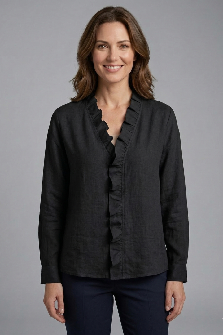 Women’s Blouse with Ruffle Neckline and Long Sleeves