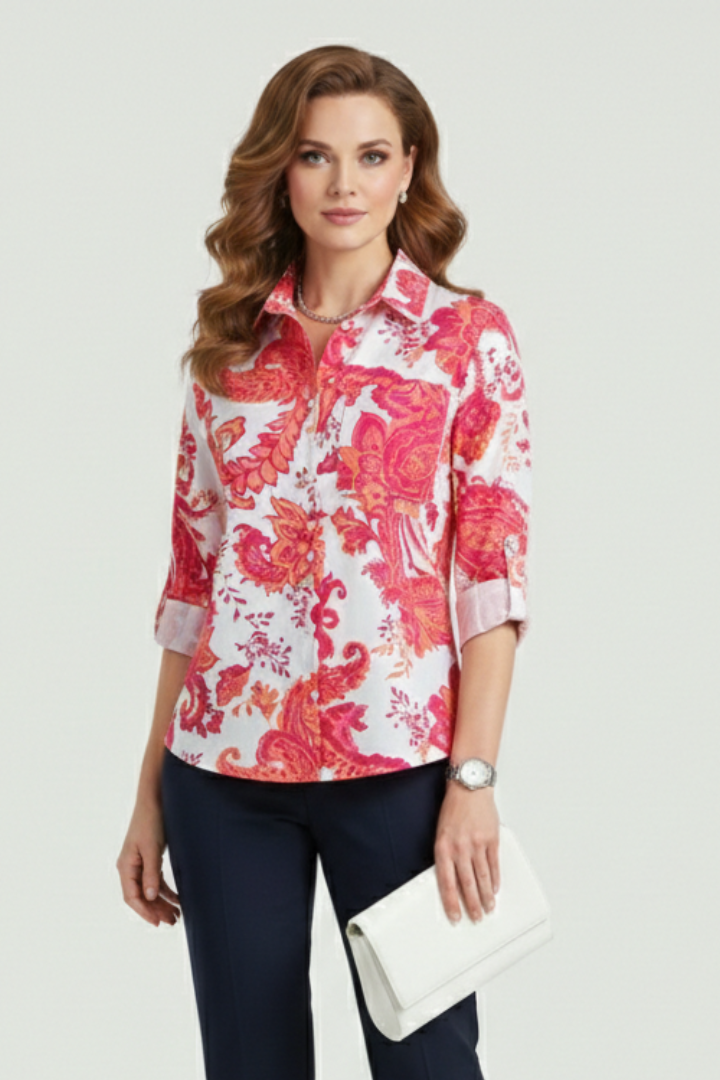 Women’s Blouse with Turn-Down Collar and Roll-Up Sleeves