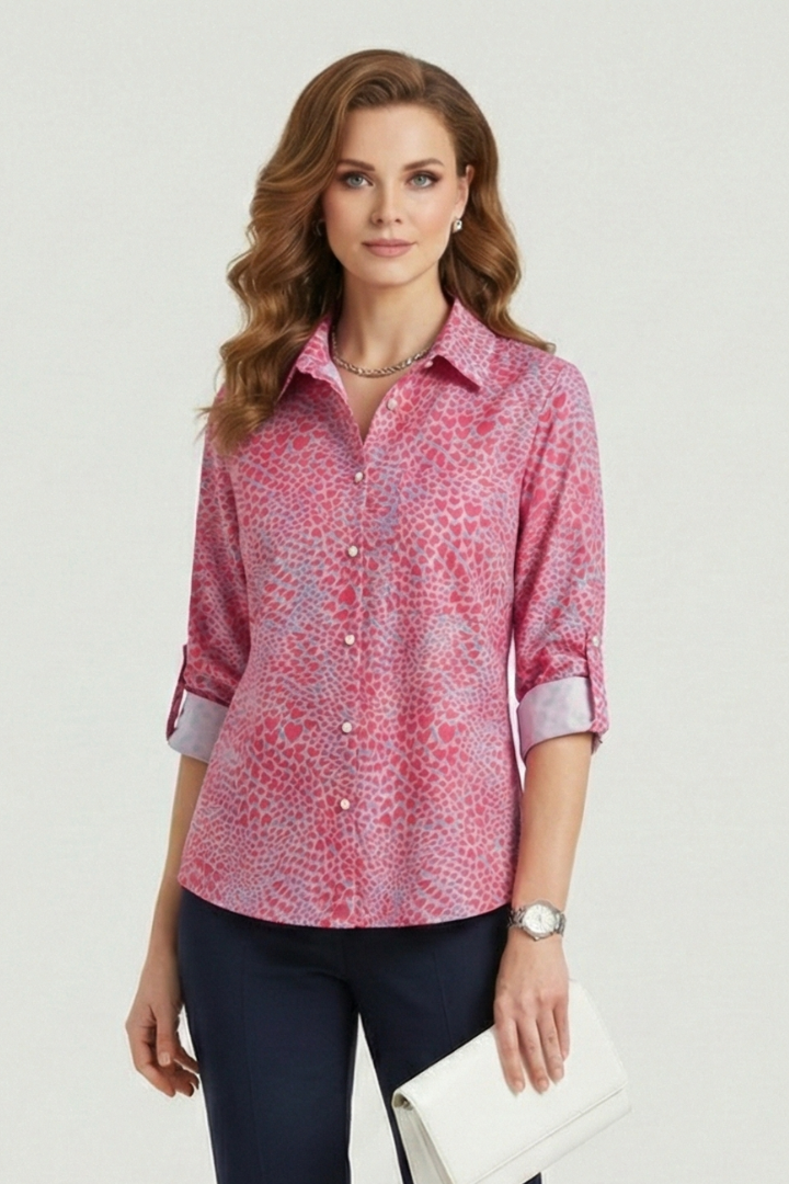 Women’s Blouse with Turn-Down Collar and Roll-Up Sleeves