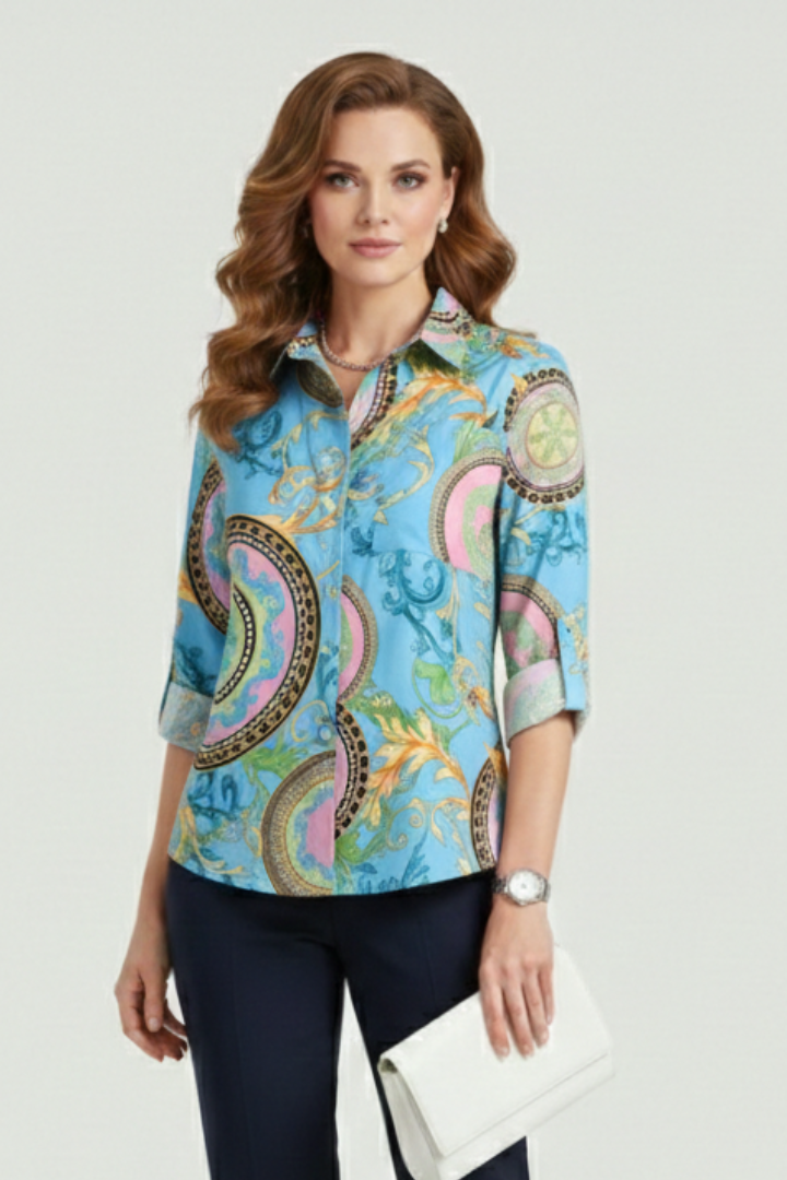 Women’s Blouse with Turn-Down Collar and Roll-Up Sleeves
