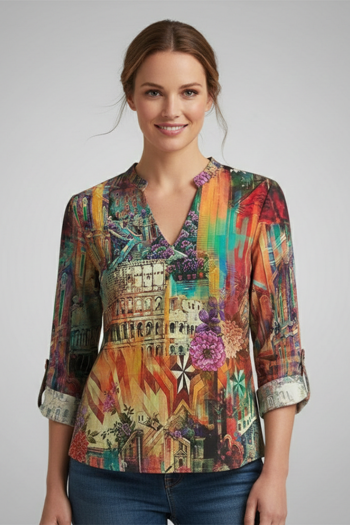 Women’s Blouse with V-Neck and Abstract Print