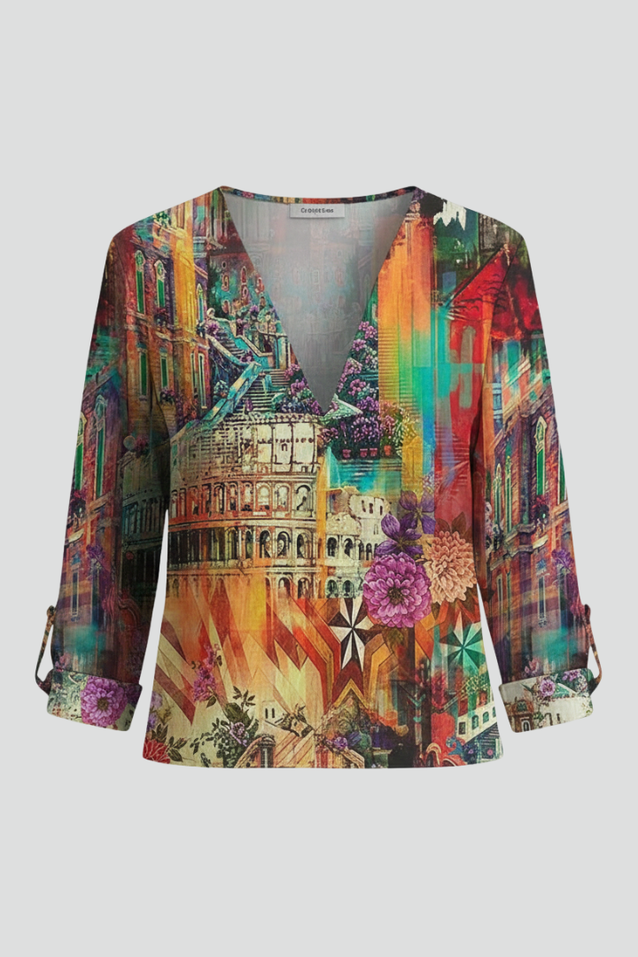Women’s Blouse with V-Neck and Abstract Print