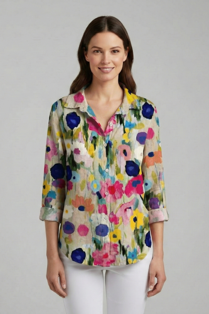 Women’s Blouse with V-Neckline and Printed Surface