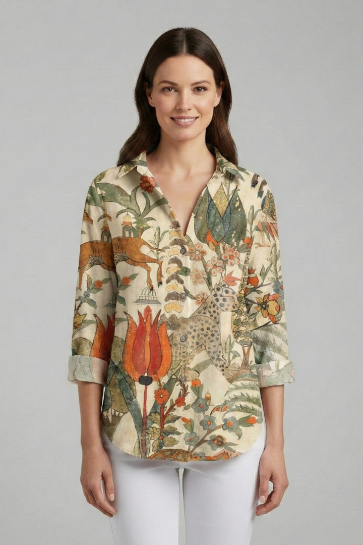 Women’s Blouse with V-Neckline and Printed Surface