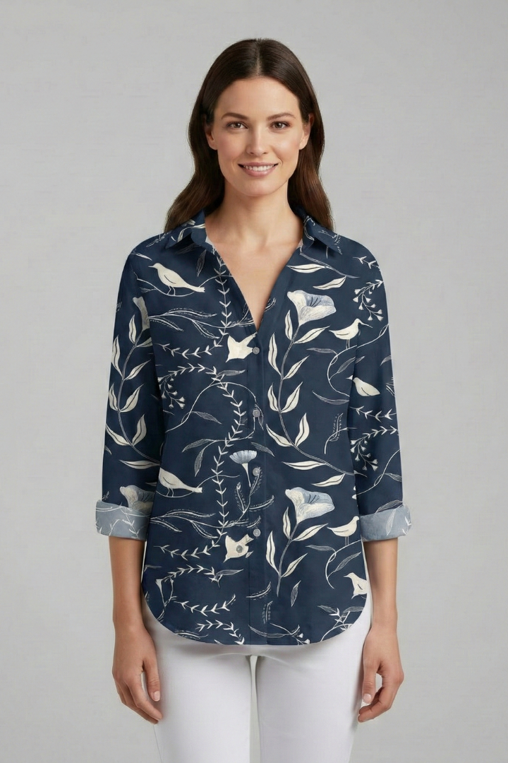 Women’s Blouse with V-Neckline and Printed Surface