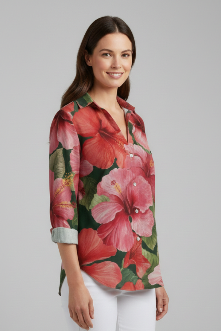 Women’s Blouse with V-Neckline and Printed Surface
