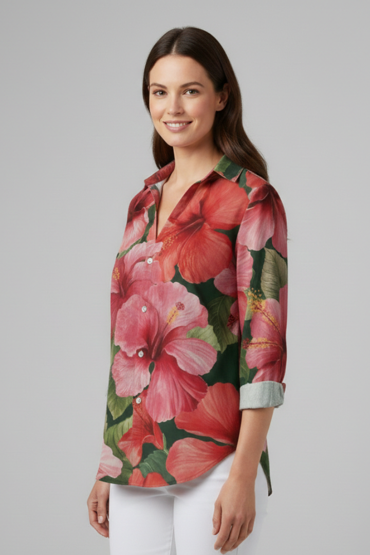 Women’s Blouse with V-Neckline and Printed Surface