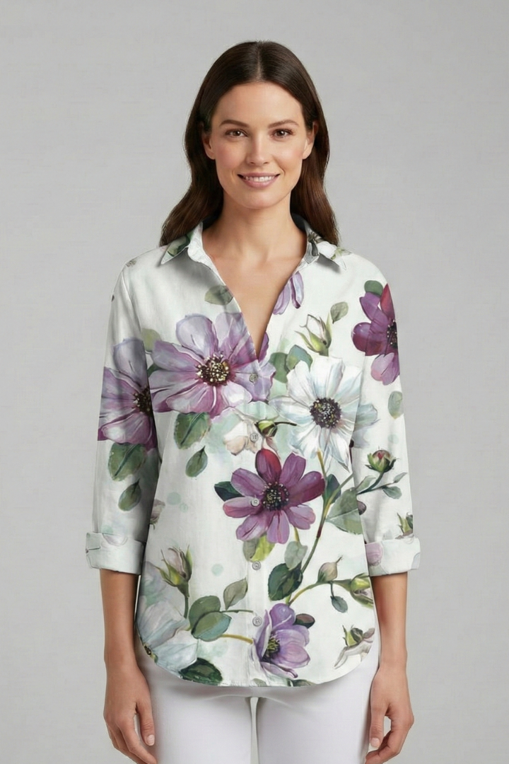 Women’s Blouse with V-Neckline and Printed Surface