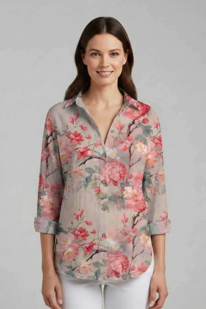 Women’s Blouse with V-Neckline and Printed Surface